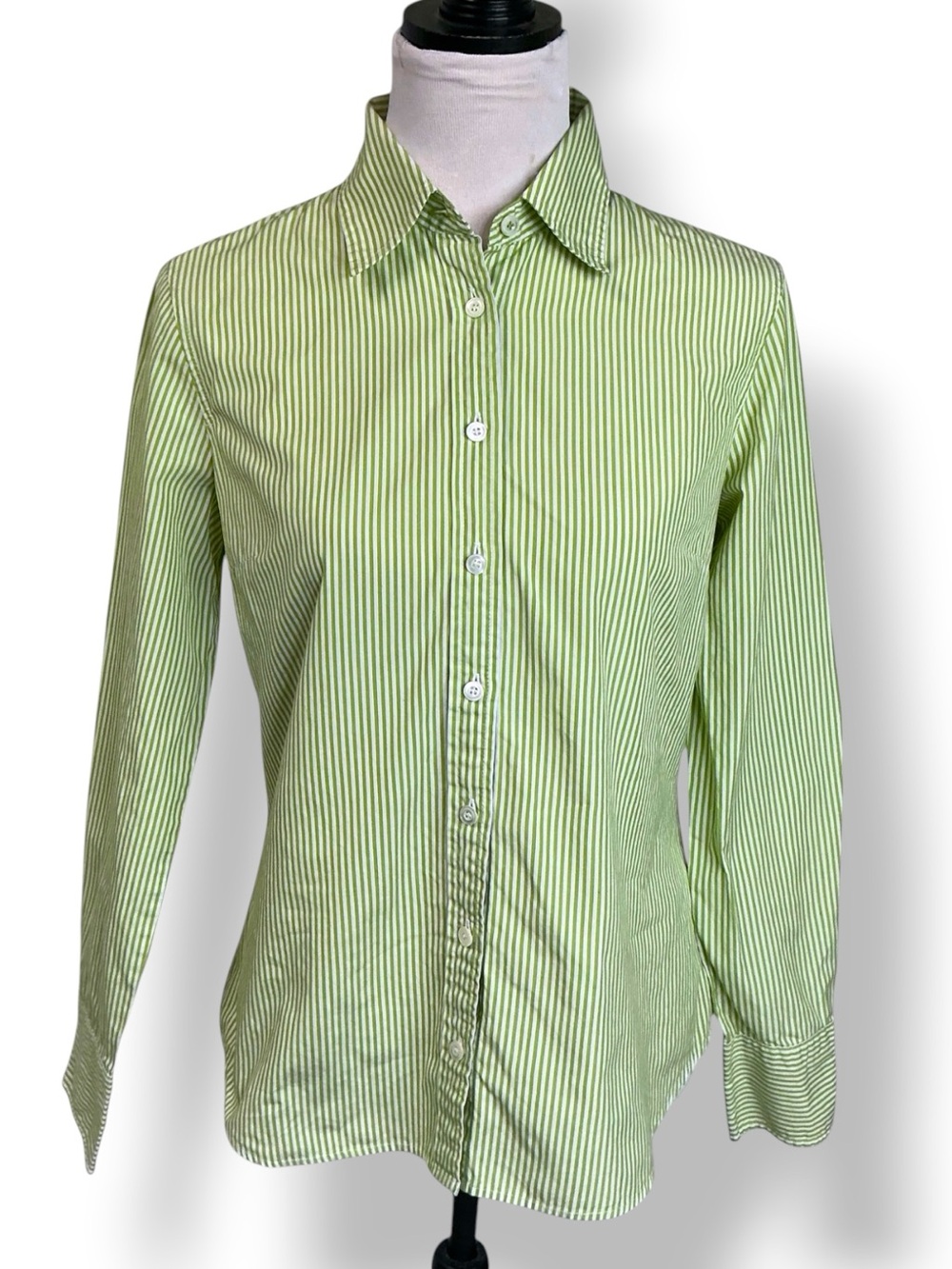 J Crew Button Down Shirt Slim Fit 100% Cotton Stripe Green White Women Medium